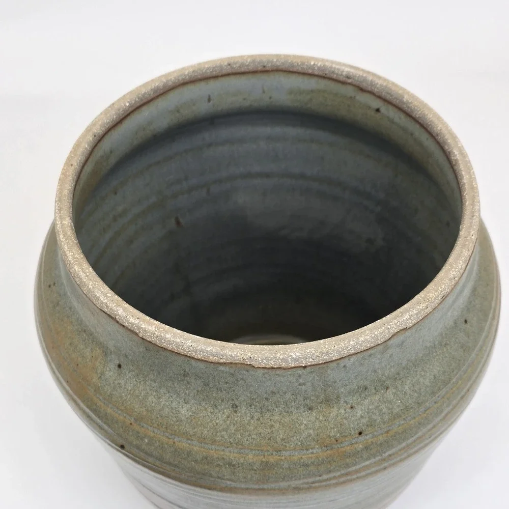Vintage Studio Pottery Stoneware Canister Jar With Lid Green Brown Speckled 8.5